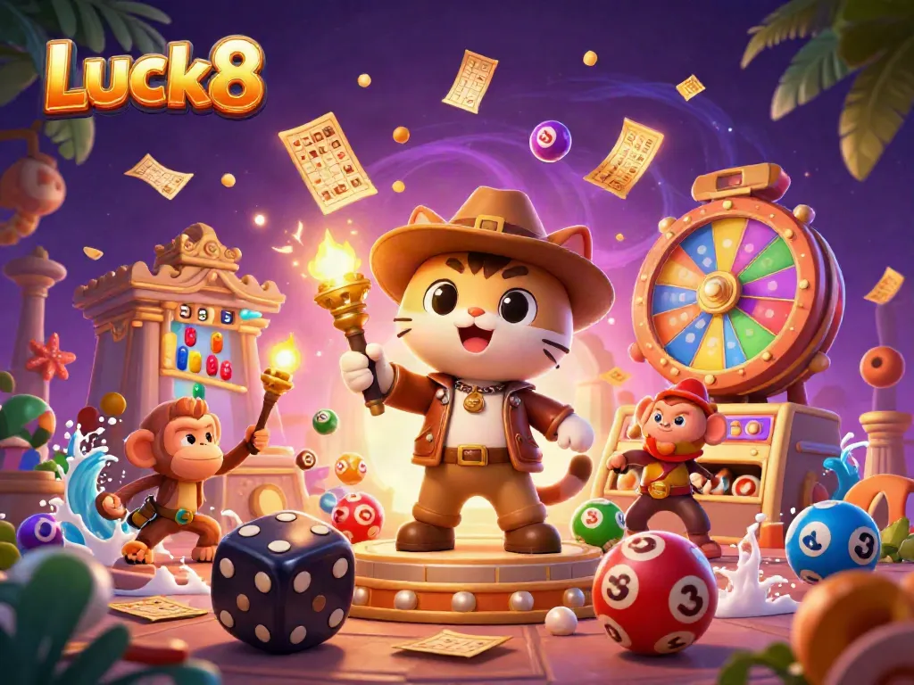 Luck8 showcases an adventurous cat with a golden casino artifact, surrounded by colorful lottery elements.