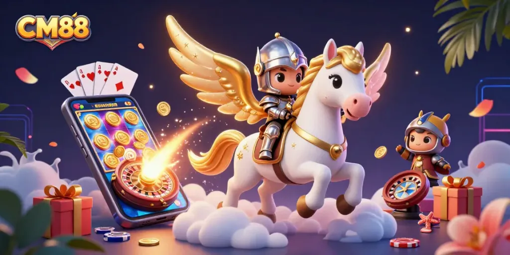 CM88 offers vibrant gaming excitement with a celestial horse and armored knight amidst dynamic slot game elements.