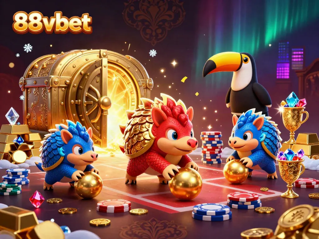 Engage in thrilling gaming action with 88vbet as rival pangolins battle among treasures in a vibrant casino scene.