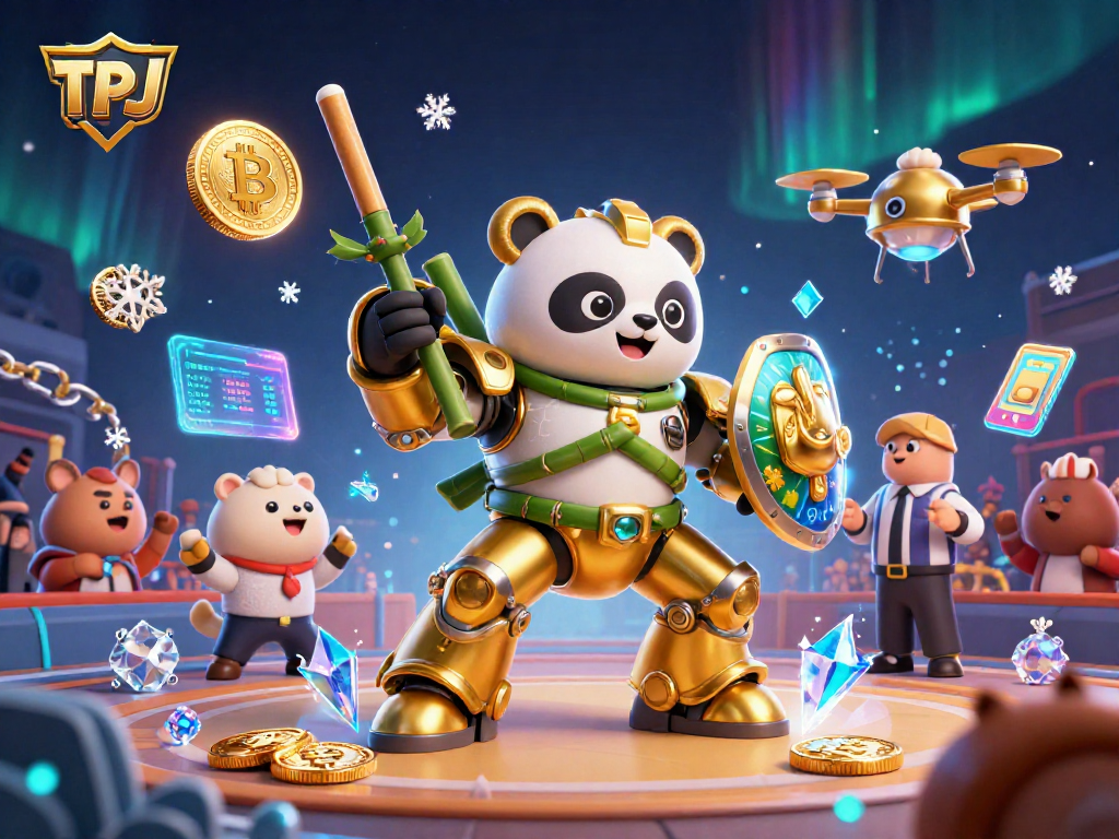 Engage with TPJ's exciting 3D casino scene, featuring the golden panda and crypto coins in action.