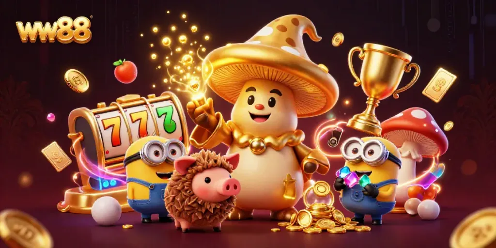 Spin for gold at ww88 with a golden mushroom wizard and treasure-hunting truffle pig in a dynamic casino scene.