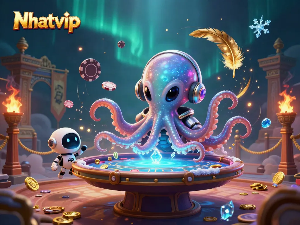 Nhatvip alien octopus deals cards at a vibrant holographic poker table, surrounded by shimmering casino elements.